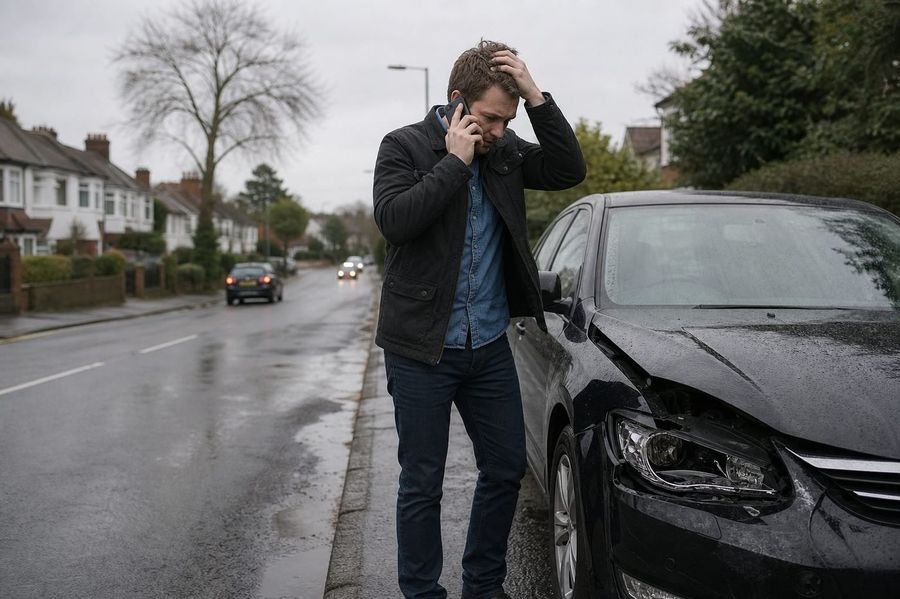 Driver at roadside after road accident