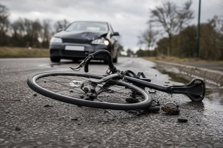 Damaged bicycle on UK road after collision with motor vehicle