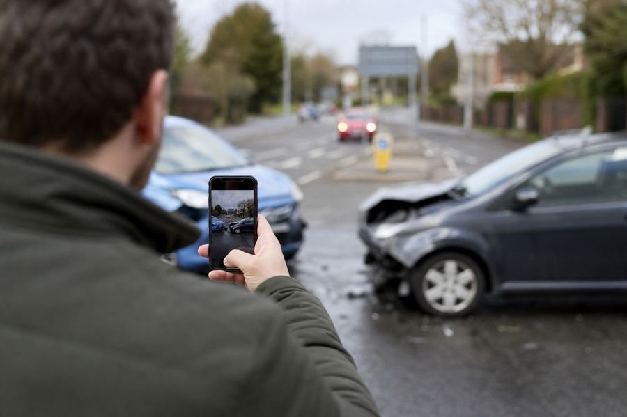Driver photographing accident scene with smartphone on UK road