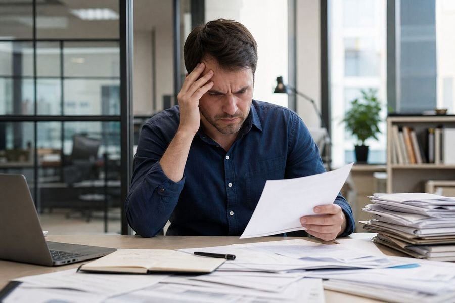 Frustrated man reviewing insurance documents after road accident claim